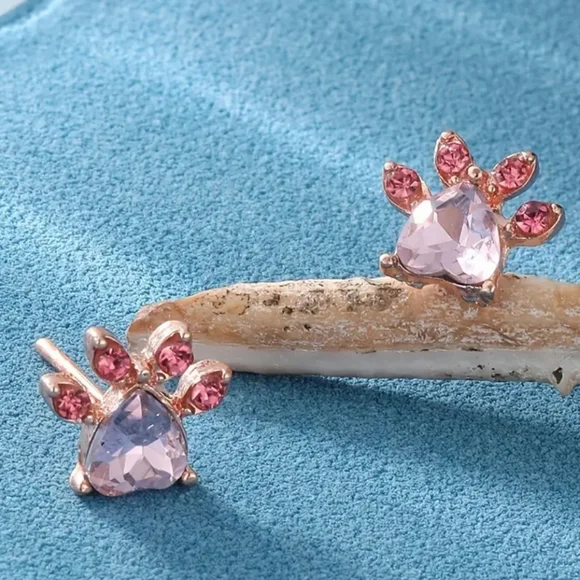 Crystal Pink Cat Dog Paw Earrings - Picture 4 of 7